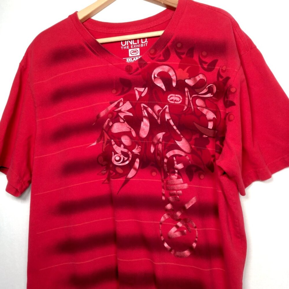 Ecko Unltd The Exhibit Shirt Men 2XL Red Stripe Y2K Foil Graphic Retro V Neck